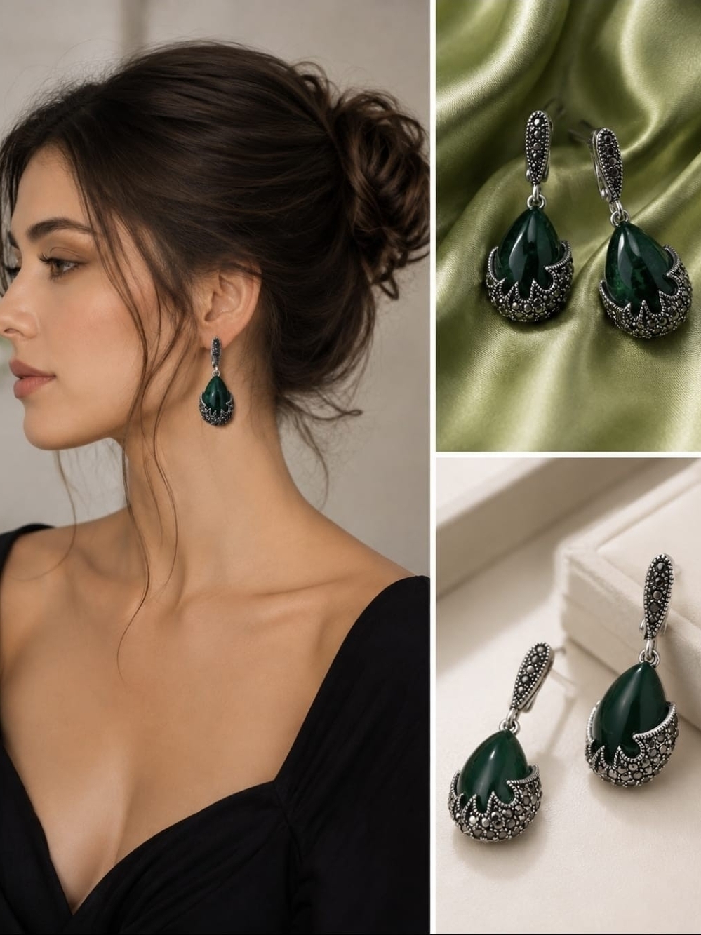 Green Teardrop Marcasite Dangle Earrings - Elegant Women Jewelry